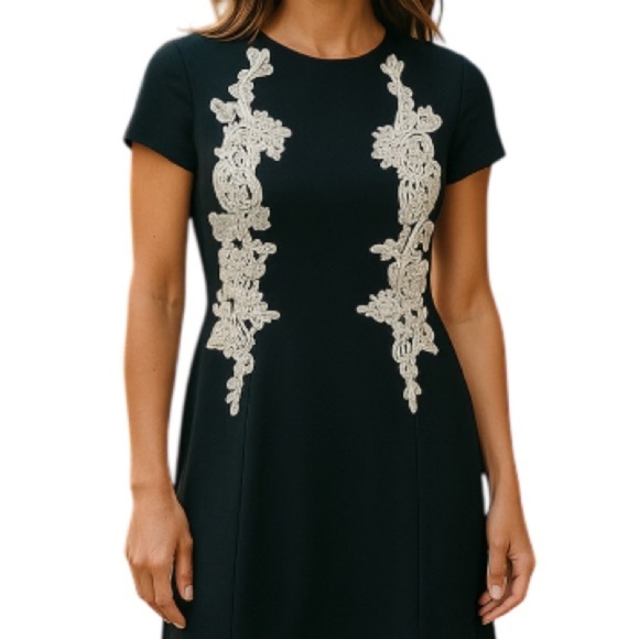 ANNE KLEIN Dainty Dress Black White Lace Appliqué Sheath Midi Cap Sleeves Size 4 - Picture 1 of 11
